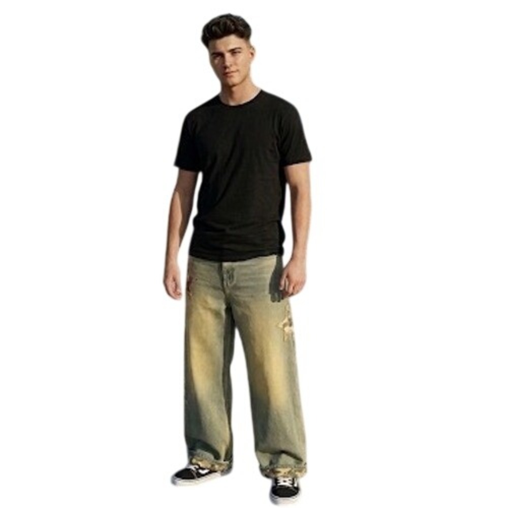 Aelfric Eden Mens Wide Leg Baggy Jeans Camo Star Patch Vintage Wash Denim Blue